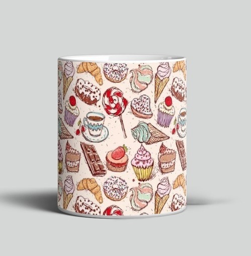 Фотография футболки Сладкое - мороженое, зефир, кофе, пончики, леденцы, шоколад. Паттерн