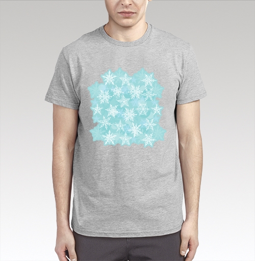 Фотография футболки новогодний орнамент. белые снежинки на голубом фоне