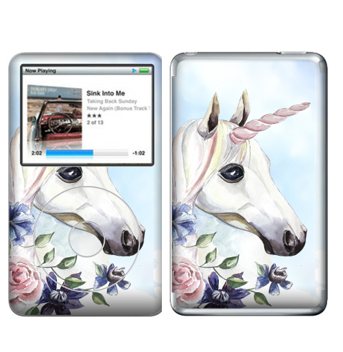 Наклейка на iPod&MP3 Apple iPod Classic Единорог в цветах,  купить в Москве – интернет-магазин Allskins, единорог, цветы, акварель, васильки, василек, розовый, голубой, пастельный, лошадь