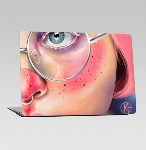Наклейка на Ноутбук Macbook Air 2018-2020 – Macbook Air Розовые веснушки,  купить в Москве – интернет-магазин Allskins, девушка, очки, глаз, розовый, портреты, мило, лицо