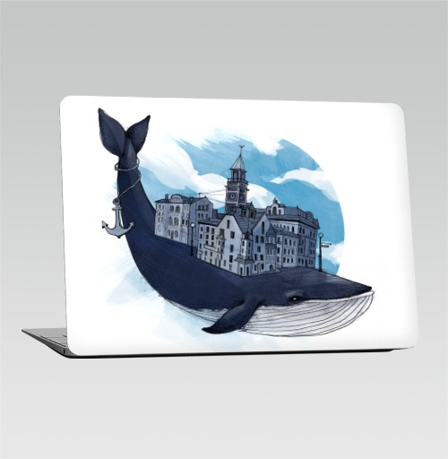 Наклейка на Ноутбук Macbook Air 2018-2020 – Macbook Air Whale city,  купить в Москве – интернет-магазин Allskins, животные, город, киты, небо, якорь
