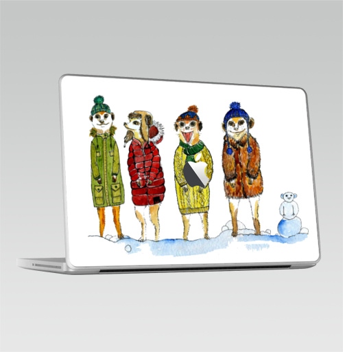 Наклейка на Ноутбук Macbook 2009-2010 – Macbook Сурикаты с помпонами,  купить в Москве – интернет-магазин Allskins, акварель, животные, прикол, графика, детские, персонажи, сурикаты, зима, новый год
