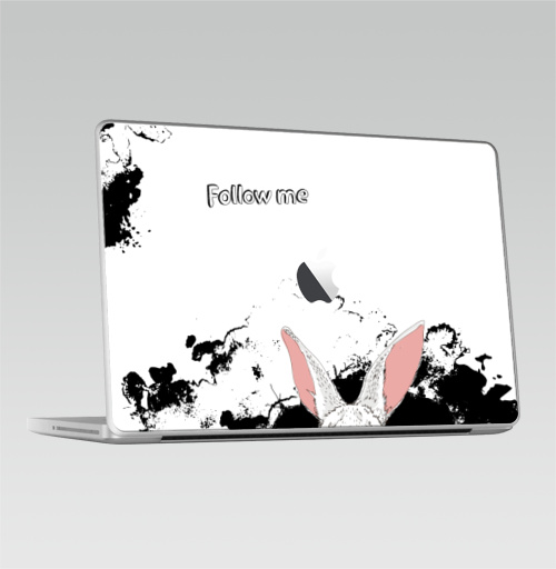 Наклейка на Ноутбук Macbook 2009-2010 – Macbook Следуй за белым кроликом,  купить в Москве – интернет-магазин Allskins, надписи на английском, заяц, белый, графика, надписи, черный, черно-белое, кролики, животные, зима