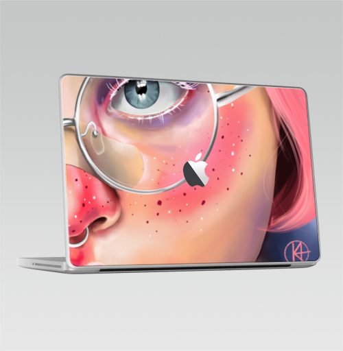 Наклейка на Ноутбук Macbook 2009-2010 – Macbook Розовые веснушки,  купить в Москве – интернет-магазин Allskins, девушка, очки, глаз, розовый, портреты, мило, лицо