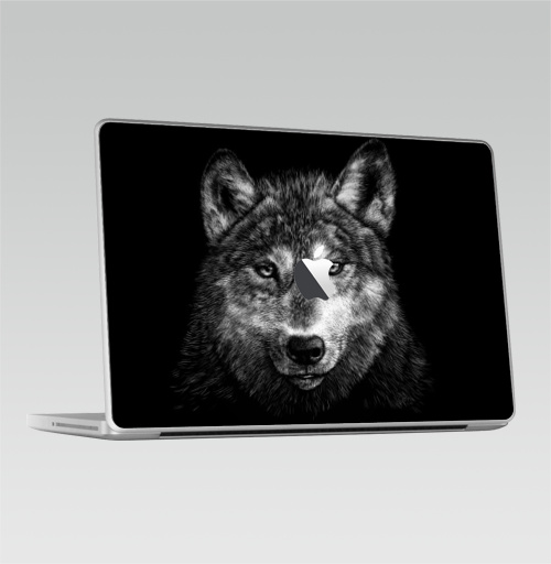 Наклейка на Ноутбук Macbook 2009-2010 – Macbook Волчище,  купить в Москве – интернет-магазин Allskins, морда, животные, волк, полностьючерный, 300 Лучших работ