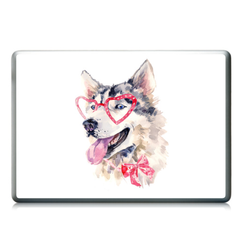 Наклейка на Ноутбук Ноутбук (любой размер) Ноутбук (любой размер) Модная собака,  купить в Москве – интернет-магазин Allskins, крутые животные, милые животные, мило, хаски, розовый, очки, акварель, собаки, детские
