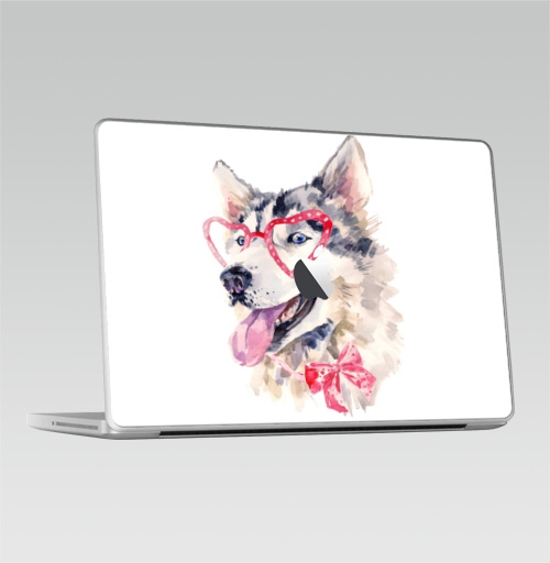 Наклейка на Ноутбук Macbook 2009-2010 – Macbook (c яблоком) Модная собака,  купить в Москве – интернет-магазин Allskins, крутые животные, милые животные, мило, хаски, розовый, очки, акварель, собаки, детские