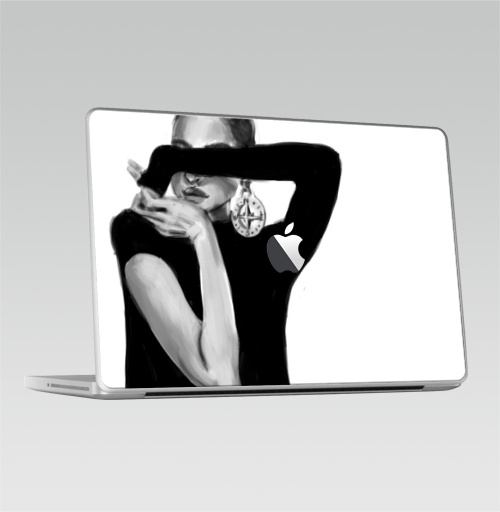 Наклейка на Ноутбук Macbook 2009-2010 – Macbook (c яблоком) Девушка с сережкой,  купить в Москве – интернет-магазин Allskins, девушка, модели, черно-белое, сережка, компас, мода
