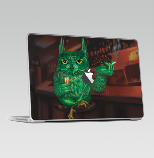 Наклейка на Ноутбук Macbook 2009-2010 – Macbook (c яблоком) Barfly,  купить в Москве – интернет-магазин Allskins, алкоголь, зеленый, персонажи, птицы, сова, бокал