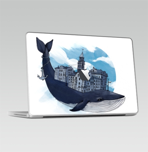 Наклейка на Ноутбук Macbook 2009-2010 – Macbook (c яблоком) Whale city,  купить в Москве – интернет-магазин Allskins, животные, город, киты, небо, якорь