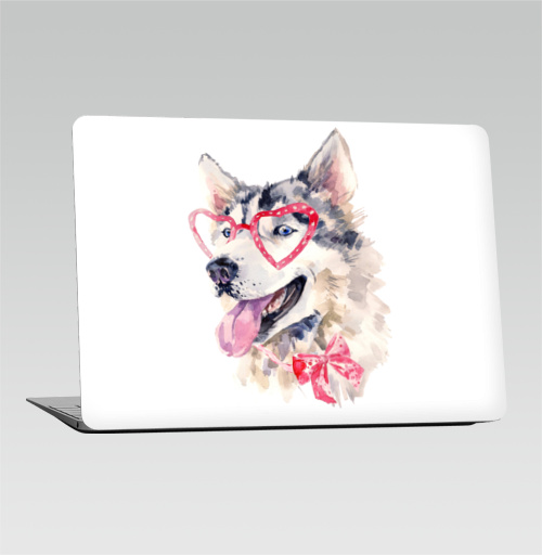 Наклейка на Ноутбук Macbook Air 2010-2017 – Macbook Air Модная собака,  купить в Москве – интернет-магазин Allskins, крутые животные, милые животные, мило, хаски, розовый, очки, акварель, собаки, детские