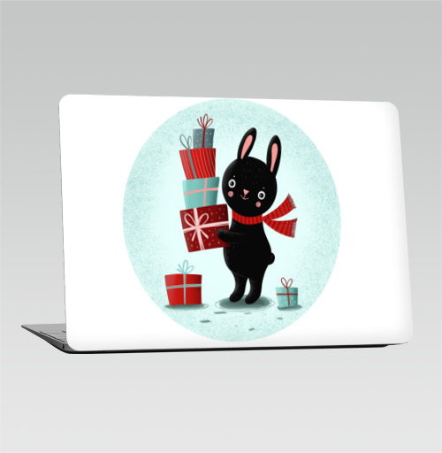 Наклейка на Ноутбук Macbook Air 2010-2017 – Macbook Air Черный кролик с подарками,  купить в Москве – интернет-магазин Allskins, кролики, заяц, читатель, новый год, символ, черный, красный, бирюзовый, символ_года, подарки