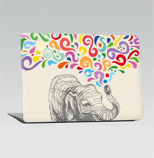 Наклейка на Ноутбук Macbook Air 2010-2017 – Macbook Air Слон,  купить в Москве – интернет-магазин Allskins, 300 Лучших работ, животные, графика, брызги, слоны, разноцветное, фонтан