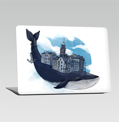 Наклейка на Ноутбук Macbook Air 2010-2017 – Macbook Air Whale city,  купить в Москве – интернет-магазин Allskins, животные, город, киты, небо, якорь