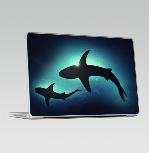Наклейка на Ноутбук Macbook Pro 2008-2013 – Macbook Pro Черные акулы,  купить в Москве – интернет-магазин Allskins, брызги, акварель, иллюстация, паттерн, солнце, вода, оекан, морская, рыба, акула