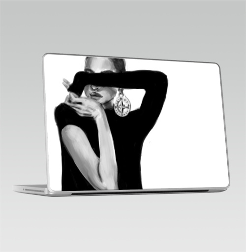 Наклейка на Ноутбук Macbook Pro 2008-2013 – Macbook Pro Девушка с сережкой,  купить в Москве – интернет-магазин Allskins, девушка, модели, черно-белое, сережка, компас, мода