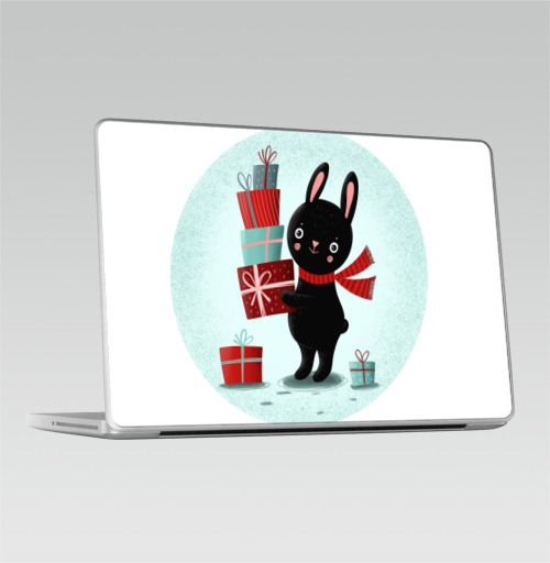 Наклейка на Ноутбук Macbook Pro 2008-2013 – Macbook Pro Черный кролик с подарками,  купить в Москве – интернет-магазин Allskins, кролики, заяц, читатель, новый год, символ, черный, красный, бирюзовый, символ_года, подарки