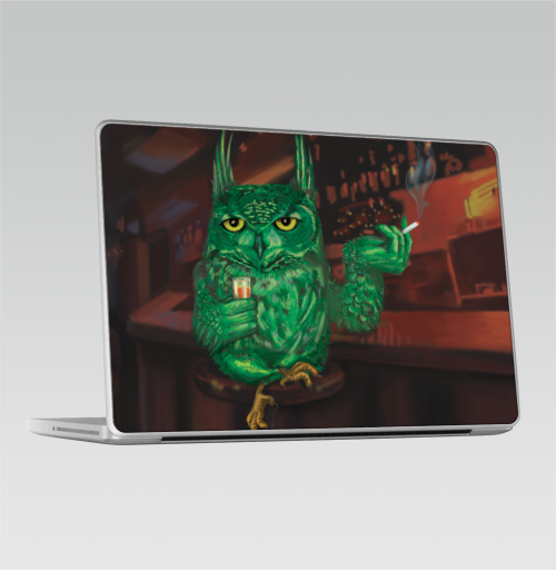 Наклейка на Ноутбук Macbook Pro 2008-2013 – Macbook Pro Barfly,  купить в Москве – интернет-магазин Allskins, алкоголь, зеленый, персонажи, птицы, сова, бокал