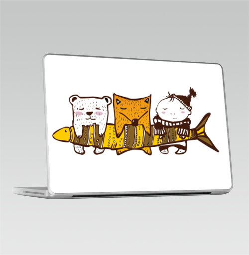 Наклейка на Ноутбук Macbook Pro 2008-2013 – Macbook Pro Рыбачки,  купить в Москве – интернет-магазин Allskins, человек, животные, лиса, рыба, медведь