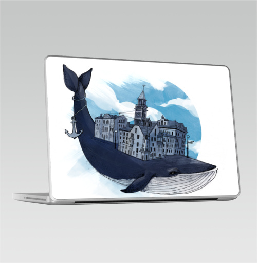 Наклейка на Ноутбук Macbook Pro 2008-2013 – Macbook Pro Whale city,  купить в Москве – интернет-магазин Allskins, животные, город, киты, небо, якорь