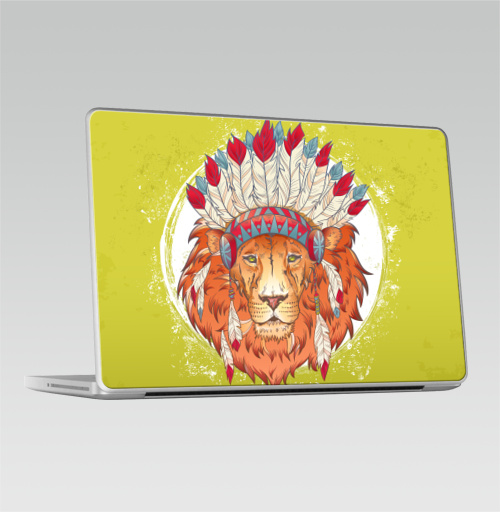 Наклейка на Ноутбук Macbook Pro 2008-2013 – Macbook Pro ВОЖДЬ ЗВЕРЕЙ,  купить в Москве – интернет-магазин Allskins, индеец, животные, лев, иллюстация, перья