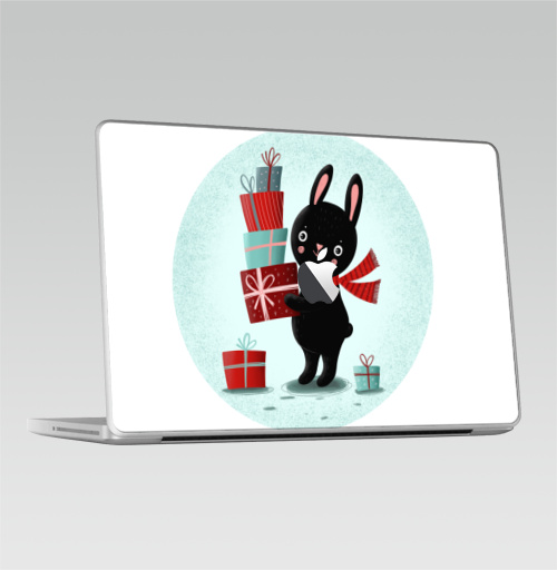 Наклейка на Ноутбук Macbook Pro 2008-2013 – Macbook Pro (с яблоком) Черный кролик с подарками,  купить в Москве – интернет-магазин Allskins, кролики, заяц, читатель, новый год, символ, черный, красный, бирюзовый, символ_года, подарки