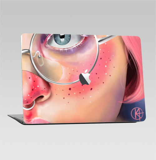 Наклейка на Ноутбук Macbook Air 2010-2017 – Macbook Air (с яблоком) Розовые веснушки,  купить в Москве – интернет-магазин Allskins, девушка, очки, глаз, розовый, портреты, мило, лицо