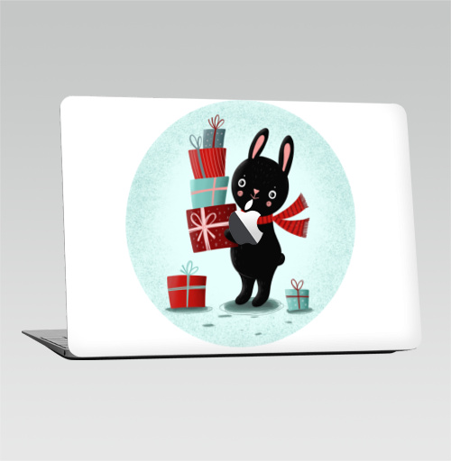 Наклейка на Ноутбук Macbook Air 2010-2017 – Macbook Air (с яблоком) Черный кролик с подарками,  купить в Москве – интернет-магазин Allskins, кролики, заяц, читатель, новый год, символ, черный, красный, бирюзовый, символ_года, подарки