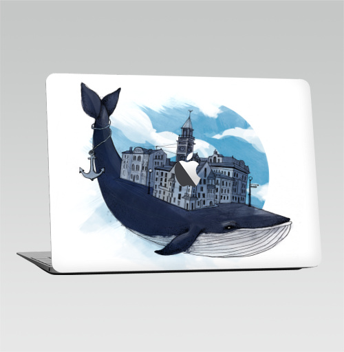 Наклейка на Ноутбук Macbook Air 2010-2017 – Macbook Air (с яблоком) Whale city,  купить в Москве – интернет-магазин Allskins, животные, город, киты, небо, якорь