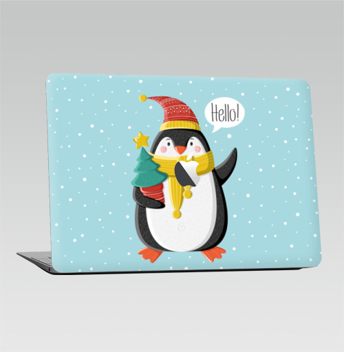 Наклейка на Ноутбук Macbook Air 2010-2017 – Macbook Air (с яблоком) Пингвин с ёлкой,  купить в Москве – интернет-магазин Allskins, шапка, снег, новый год, пингвин, детские