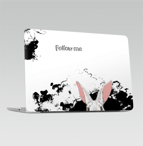 Наклейка на Ноутбук Macbook Pro 2013-2015 – Macbook Retina Pro Следуй за белым кроликом,  купить в Москве – интернет-магазин Allskins, надписи на английском, заяц, белый, графика, надписи, черный, черно-белое, кролики, животные, зима