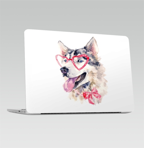 Наклейка на Ноутбук Macbook Pro 2013-2015 – Macbook Retina Pro Модная собака,  купить в Москве – интернет-магазин Allskins, крутые животные, милые животные, мило, хаски, розовый, очки, акварель, собаки, детские