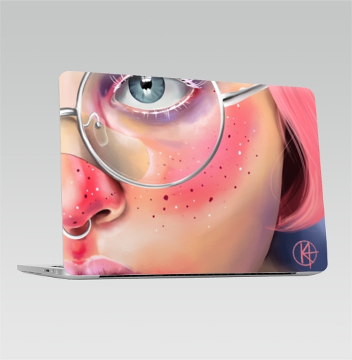 Наклейка на Ноутбук Macbook Pro 2013-2015 – Macbook Retina Pro Розовые веснушки,  купить в Москве – интернет-магазин Allskins, девушка, очки, глаз, розовый, портреты, мило, лицо