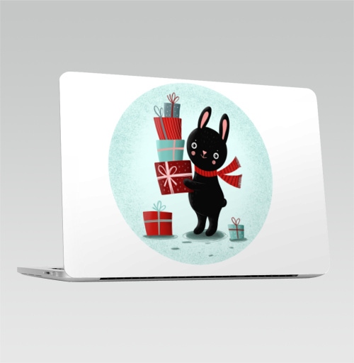 Наклейка на Ноутбук Macbook Pro 2013-2015 – Macbook Retina Pro Черный кролик с подарками,  купить в Москве – интернет-магазин Allskins, кролики, заяц, читатель, новый год, символ, черный, красный, бирюзовый, символ_года, подарки