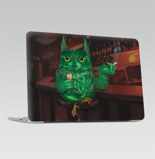 Наклейка на Ноутбук Macbook Pro 2013-2015 – Macbook Retina Pro Barfly,  купить в Москве – интернет-магазин Allskins, алкоголь, зеленый, персонажи, птицы, сова, бокал