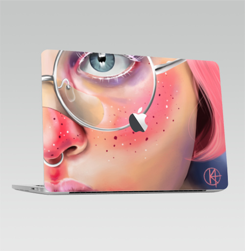 Наклейка на Ноутбук Macbook Pro 2013-2015 – Macbook Retina Pro (с яблоком) Розовые веснушки,  купить в Москве – интернет-магазин Allskins, девушка, очки, глаз, розовый, портреты, мило, лицо