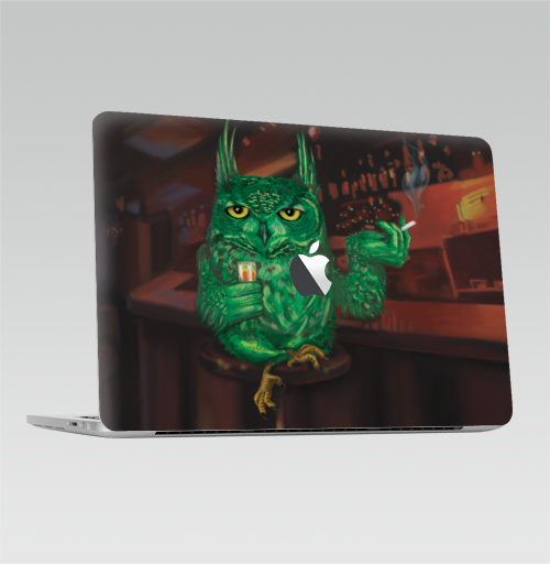 Наклейка на Ноутбук Macbook Pro 2013-2015 – Macbook Retina Pro (с яблоком) Barfly,  купить в Москве – интернет-магазин Allskins, алкоголь, зеленый, персонажи, птицы, сова, бокал