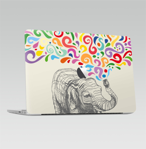 Наклейка на Ноутбук Macbook Pro 2013-2015 – Macbook Retina Pro (с яблоком) Слон,  купить в Москве – интернет-магазин Allskins, 300 Лучших работ, животные, графика, брызги, слоны, разноцветное, фонтан
