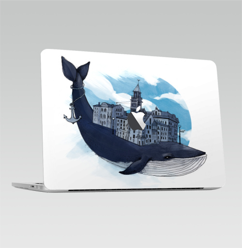 Наклейка на Ноутбук Macbook 2016-2018 – Macbook 12  Retina (с яблоком) Whale city,  купить в Москве – интернет-магазин Allskins, животные, город, киты, небо, якорь