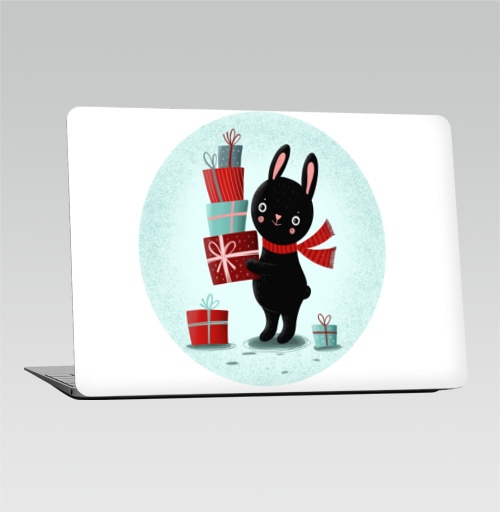 Наклейка на Ноутбук Macbook 2015-2017 – Macbook 12 Retina Черный кролик с подарками,  купить в Москве – интернет-магазин Allskins, кролики, заяц, читатель, новый год, символ, черный, красный, бирюзовый, символ_года, подарки