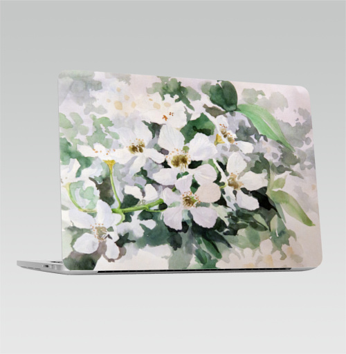 Наклейка на Ноутбук Macbook Pro 2016-2018 – Macbook Pro Touch Bar Весенние цветы,  купить в Москве – интернет-магазин Allskins, белый, рисунки, акварель, яблоко, цветы, зеленые, графика