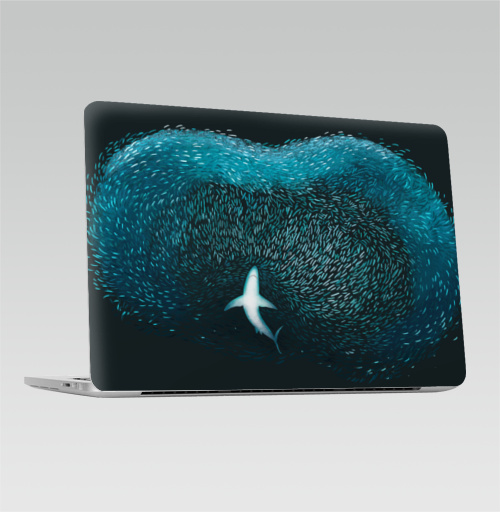 Наклейка на Ноутбук Macbook Pro 2016-2018 – Macbook Pro Touch Bar Акула с рыбками,  купить в Москве – интернет-магазин Allskins, акула, морская, рыба, животные, графика, голубой, океаны, глубина, бирюзовый