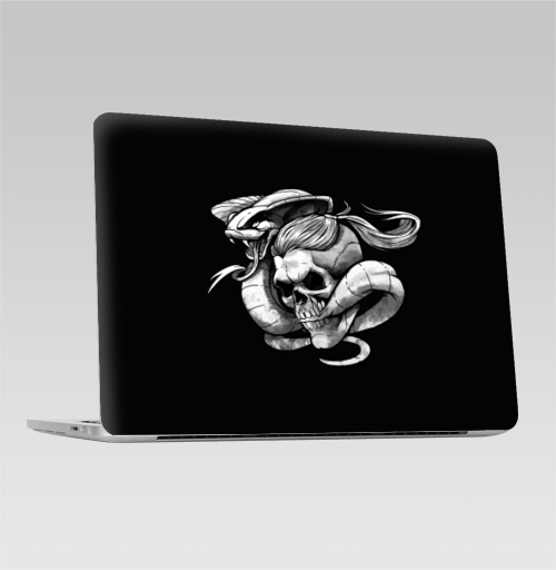 Наклейка на Ноутбук Macbook Pro 2016-2018 – Macbook Pro Touch Bar Змей и череп,  купить в Москве – интернет-магазин Allskins, животные, змея, череп, графика, анатомия, волосы, черный, дерзкий, смелость