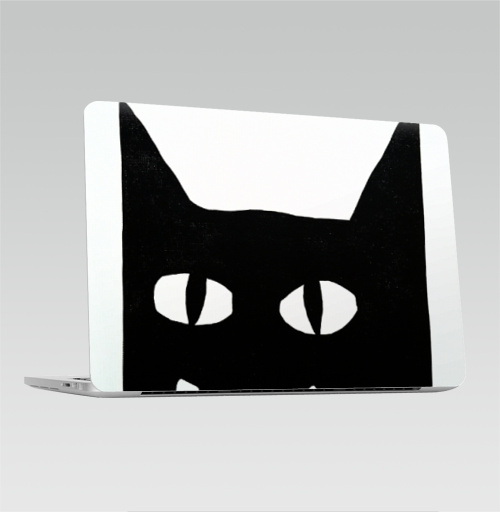 Наклейка на Ноутбук Macbook Pro 2016-2018 – Macbook Pro Touch Bar Черный кот на белом.,  купить в Москве – интернет-магазин Allskins, черно-белое, животные, черный, черныйкот, улыбка, кошка, Глазищи