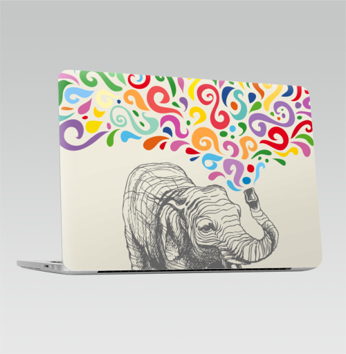 Наклейка на Ноутбук Macbook Pro 2016-2018 – Macbook Pro Touch Bar Слон,  купить в Москве – интернет-магазин Allskins, 300 Лучших работ, животные, графика, брызги, слоны, разноцветное, фонтан