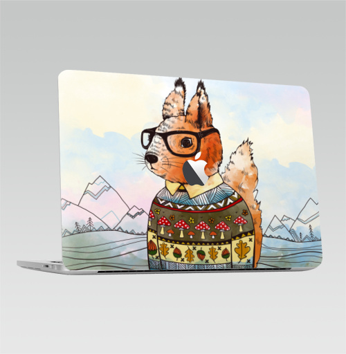 Наклейка на Ноутбук Macbook Pro 2016-2018 – Macbook Pro Touch Bar (с яблоком ) Белка-хипстер,  купить в Москве – интернет-магазин Allskins, природа, животные, свитер, очки, хипстер, белка