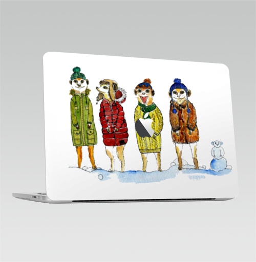Наклейка на Ноутбук Macbook Pro 2016-2018 – Macbook Pro Touch Bar (с яблоком ) Сурикаты с помпонами,  купить в Москве – интернет-магазин Allskins, акварель, животные, прикол, графика, детские, персонажи, сурикаты, зима, новый год