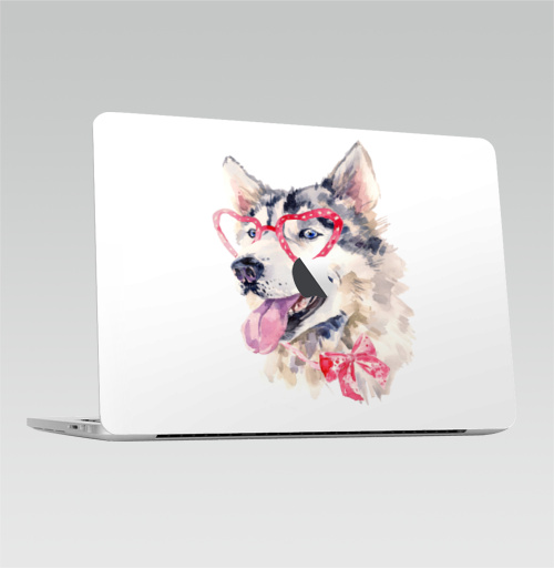 Наклейка на Ноутбук Macbook Pro 2016-2018 – Macbook Pro Touch Bar (с яблоком ) Модная собака,  купить в Москве – интернет-магазин Allskins, крутые животные, милые животные, мило, хаски, розовый, очки, акварель, собаки, детские