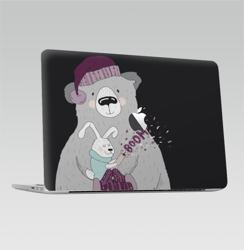 Наклейка на Ноутбук Macbook Pro 2016-2018 – Macbook Pro Touch Bar (с яблоком ) Зверушки празднуют,  купить в Москве – интернет-магазин Allskins, пикник, новый год, зима, мило, варежки, медведь, заяц, животные