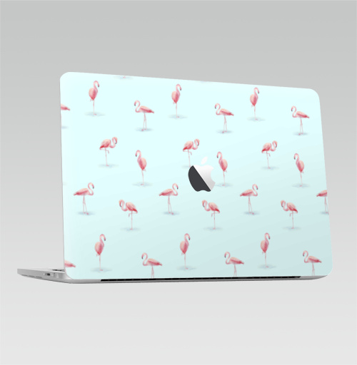 Наклейка на Ноутбук Macbook Pro 2016-2018 – Macbook Pro Touch Bar (с яблоком ) Розовые фламинго,  купить в Москве – интернет-магазин Allskins, фламинго, розовый, голубой, птицы, узор, паттерн, акварель